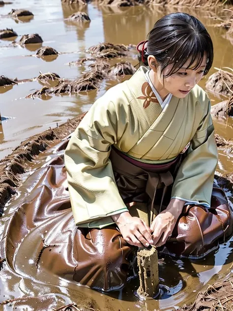 Realistic, hakama, kimono, woman, furisode, muddy clothes, soaked in muddy water, buried in mud, woman soaked in muddy water, woman soaked in mud, lying in mud