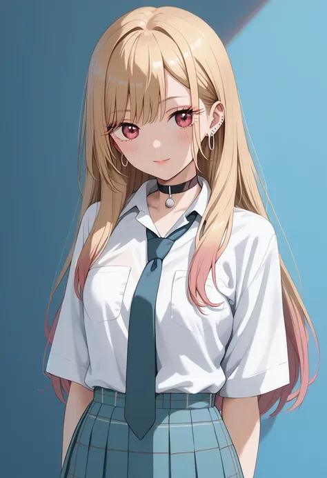 marin kitagawa, long hair, bangs, blonde hair, red eyes, multicolored hair,skirt, shirt, jewelry, school uniform, white shirt, p...