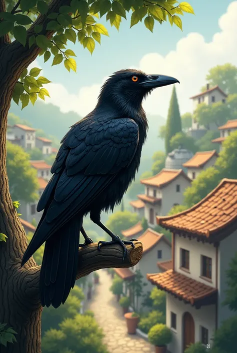 (photorealism:1.2), The Wise Crow: An illustration of a clever crow perched on a tree branch, looking down at a village with a thoughtful expression.