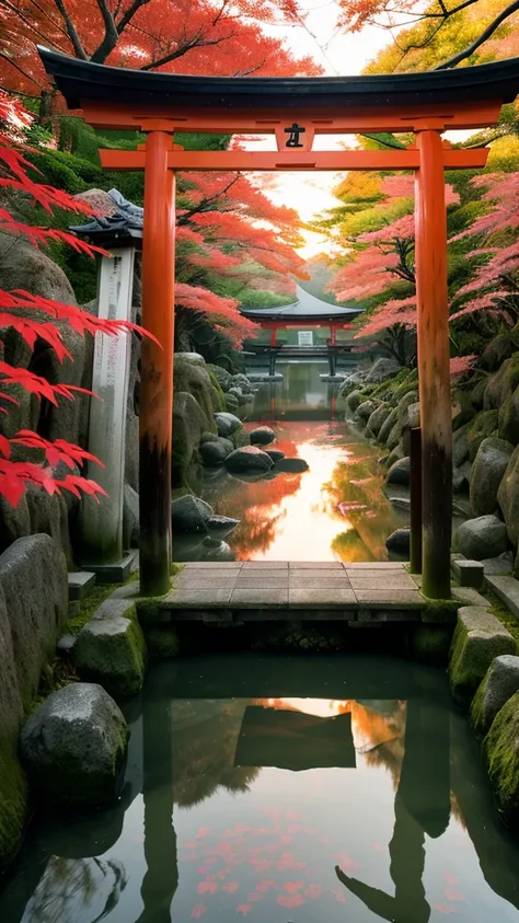 Sunset, Kyoto, emotional, nature, the red light of the sunset reflecting off the water, There is a torii gate in the water autumn leaves, A thin layer of mistHigh resolution, masterpiece, Anatomically correct, Best Quality, High detail, Very detailed, Ultr...