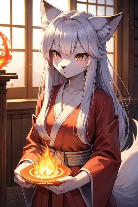 ((furry))、[[woman]]、Mature woman、Mysterious、fox、Beautiful face、Fox Face、Long muzzle、Mysterious look、Slit eyes、Narrow eyes、Small eyes、Long eyelashes、Mysterious expression、silver straight hair、Fox skin color、fox hairy hand、Shrine maiden costume、White Shrine ...