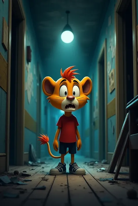 In a dark, narrow corridor inside the haunted house, Sheru, the cute cartoon lion character with a round face and large expressive eyes, wearing a red t-shirt, black shorts, and blue sneakers, freezes as he hears a faint whisper calling his name. The corri...