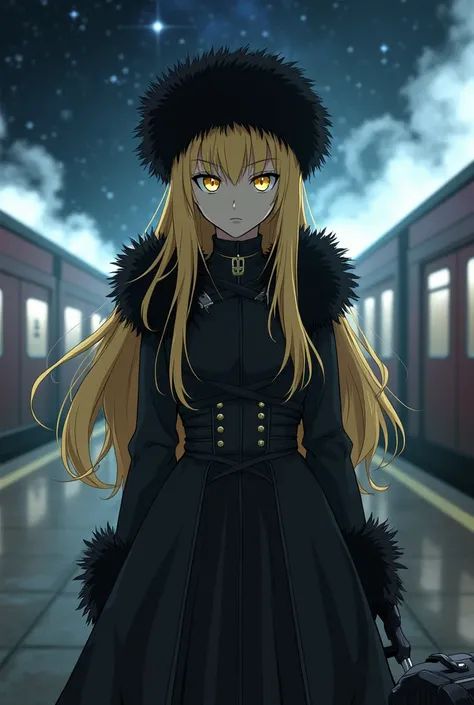 maetel, long hair, blonde hair,fur trim, black headwear, fur hat, dress,(cowboy shot:1.1), yellow eyes, (luggage:1.1), steam (train station:1.1),station platform, night, galaxy,999 best