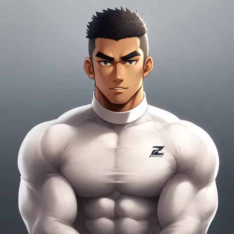 Gyee, Muscle Sports Student, negro black skin, 1 dark skin muscular tough guy, Manliness, male focus, Light white high collar long sleeve tight T-shirt, Slightly transparent material, Very tight, Round, full and perky chest muscles, Slightly transparent, m...