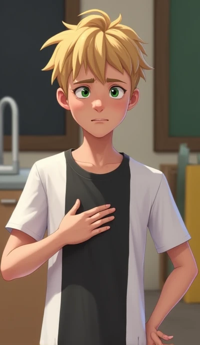 Create Photo of boy 2d Adrien agreste as hungry and stomach growling and happy