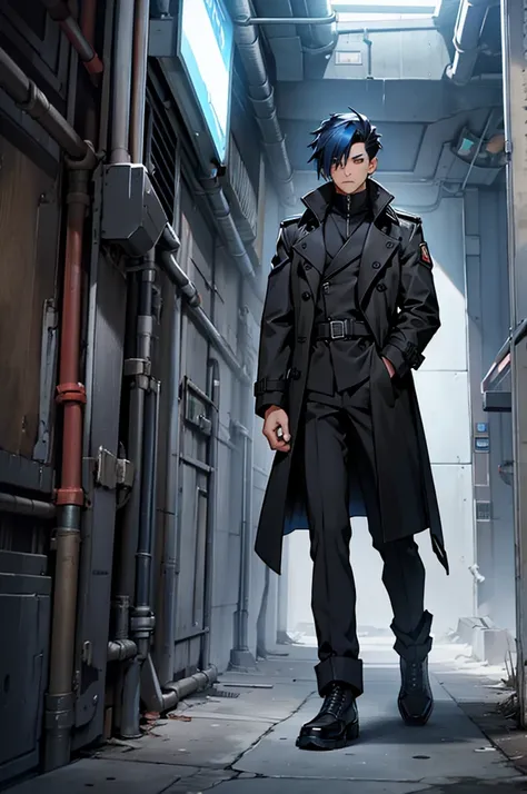 a male character wearing a black trench coat with military details and black clothing, bright blue hair, on a futuristic base in the artantida