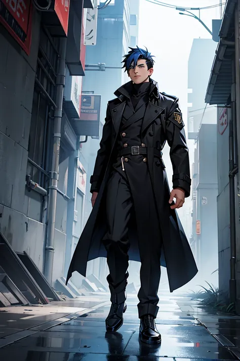 a male character wearing a black trench coat with military details and black clothing, bright blue hair, on a futuristic base in the artantida