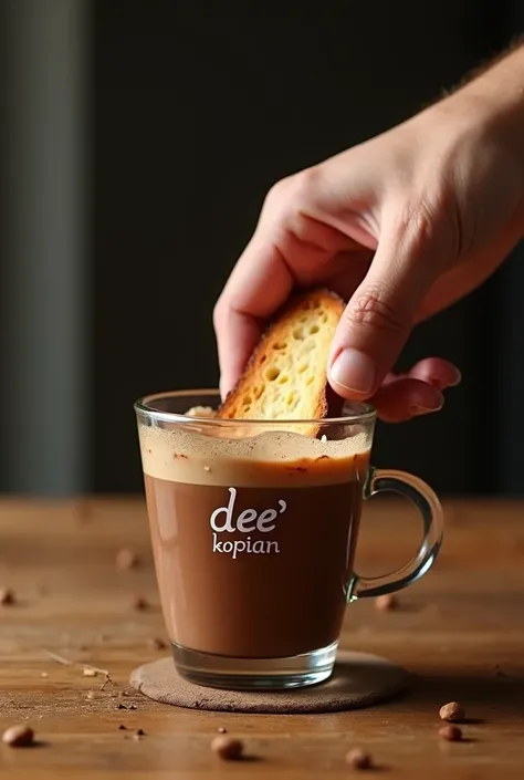 A realistic-looking photograph of a man person&#39;s hand soaking bread in a glass of hot chocolate ,on table,
 glass name loggo is
 (( dee Kopian ))