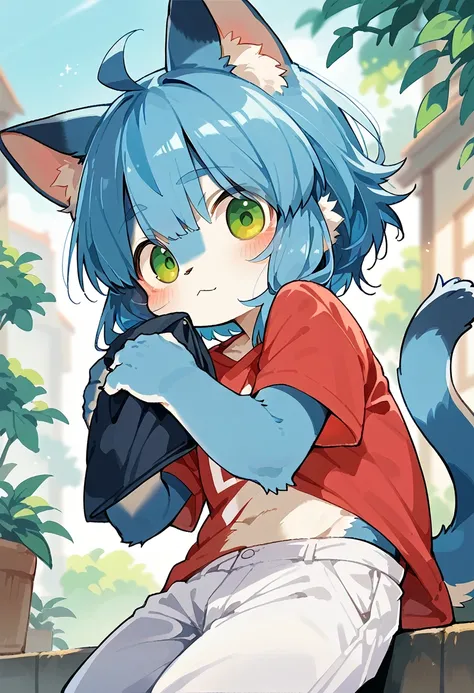 Kemono cat, boy, cute, Blue fur, Blue hair, Green eyes, Wear a red shirt, Long grey white pants, solo