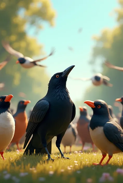 (photorealism:1.2), Inspiring Other Birds: A lively scene where the crow is encouraging other birds to join in, with various birds looking inspired and ready to help.