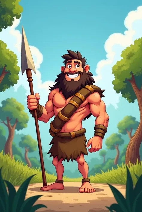 A happy Cartoon Stoneage man with a spear