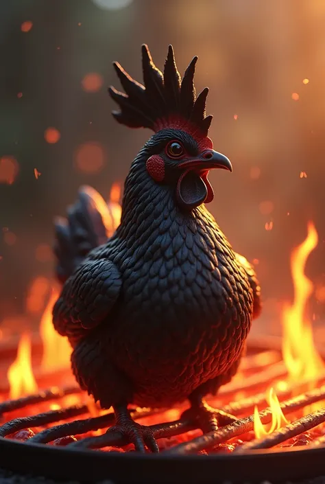 Create images prompts 3d anime style **Black crest Kadaknath chicken on a grill**, with flames lightly licking the black meat as it cooks, showing the juicy texture of the chicken as its prepared for a traditional barbecue or tandoori dish and Kadaknath ha...