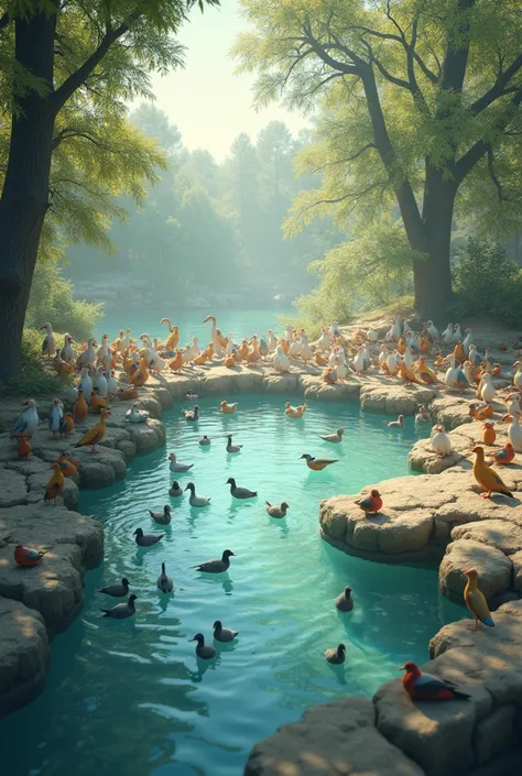 (photorealism:1.2), The Water Reservoir: The final image showing a gathering of birds around a large pool of collected water, celebrating their teamwork and survival.