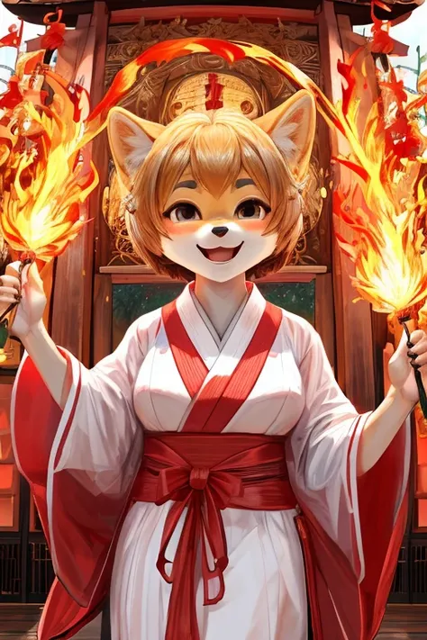 ((furry))、[[woman]]、Mature woman、Shiba Inu、Friendly expression、Goofy look、Short Hair、Beautiful face、Shrine maiden costume、White Shrine Maiden Clothing、Red Hakama、((fen-fire))、((will‐o‐the‐wisp))、（Floating Flame）、eight-headed body、whole body、shrine、((Best Q...