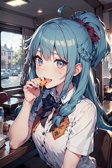 (((beautiful detailed)))(cute face:1.2)1girl, a girl stuffing her mouse with french fries, girl laughing while eating a french f...