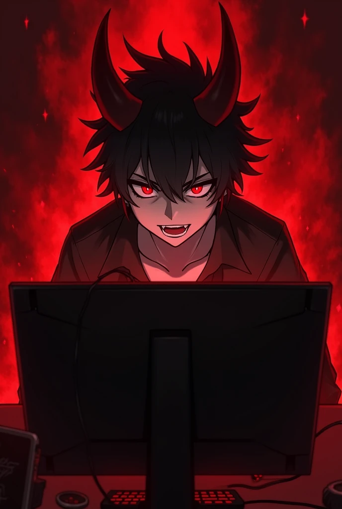 Give Anime boy devil looks playing game in pc with red blood background 