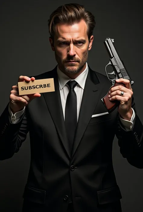 Man in black suit holding a wooden bord with one hand thats says subscribe and holding desert eagle with other hand