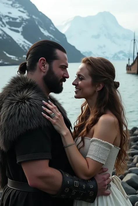 A dark-haired man with a mustache and a goatee marries a brown-haired woman with blue eyes in the Viking era..