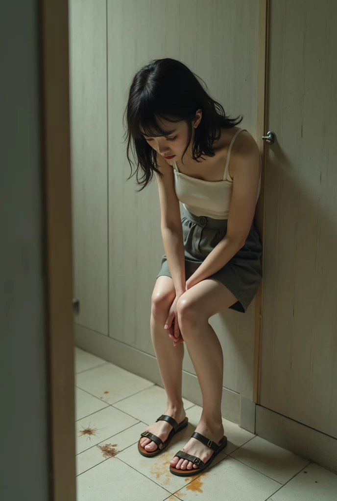  teenage Japanese girl  inminiskirt, 1.2), sandals, pale skin, detailed face, detailed eyes, sophisticated nose, (peeing self, urinate forcefully in front, urinate vigorously , urination:1.5), (pee puddle, pee stain, pee running down legs:1.2), photo