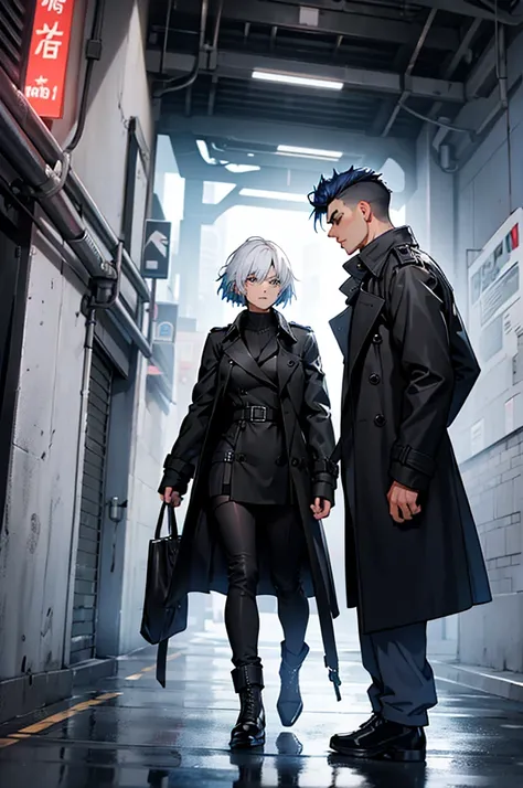 a male character wearing a black trench coat with military details and black clothing, bright blue hair, arguing with a girl in a trench coat and white clothes and short white hair