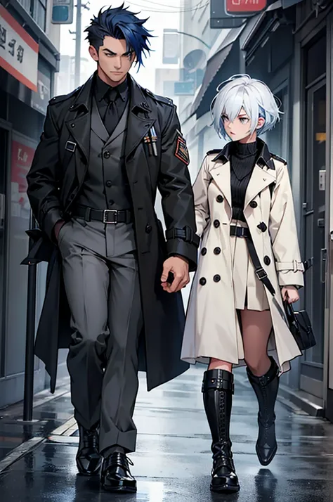 a male character wearing a black trench coat with military details and black clothing, bright blue hair, arguing with a girl in a trench coat and white clothes and short white hair