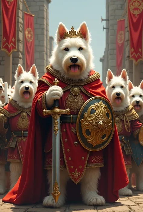 Royal west highland terrier with crown and noble clothing and sword and shield with West Highland Terrier soldiers