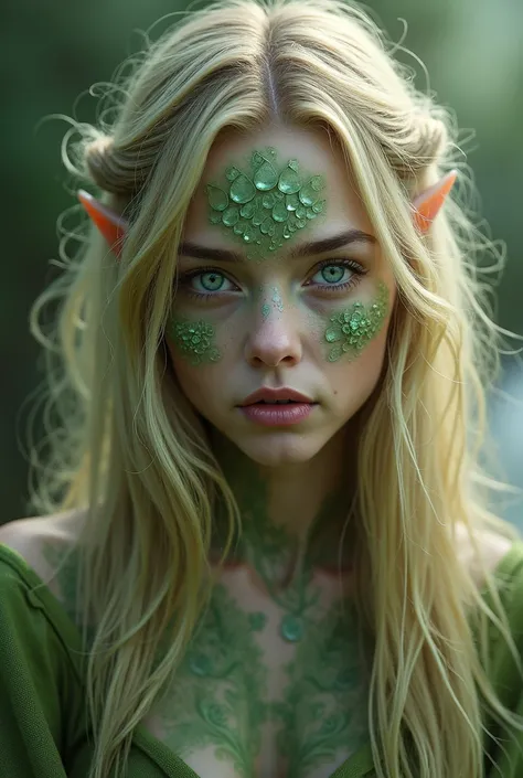 Portrait of a beautiful blonde girl with green skin and green scales on her cheeks and forehead 