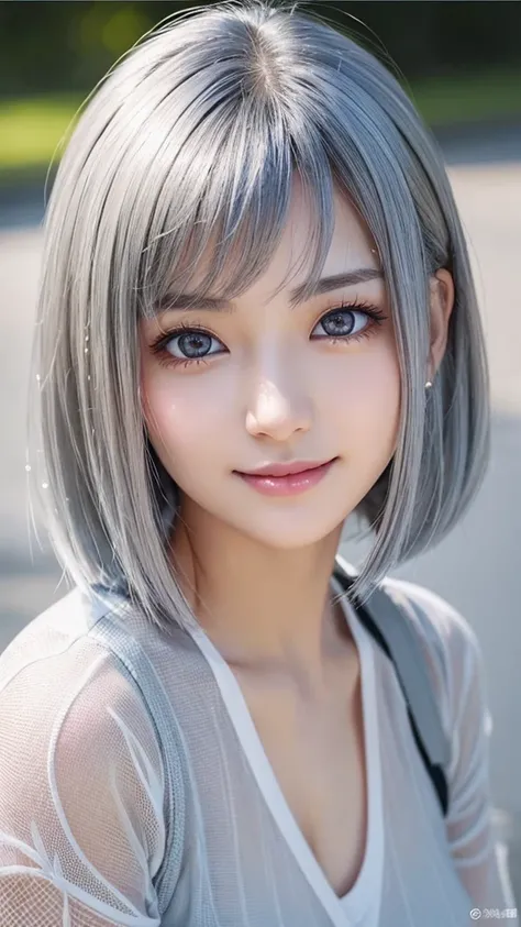 Japanese、Gray Hair、Mesh Hair、White skin、Transparency、beautiful girl、bridge of the nose、Thin lips、Short Hair、stare、Seductive pose、Captivating Gaze、Steady gaze、Eyes sparkling、The face is beautiful、The sparkle in the pupils、Shine reflected in the pupil、gaseou...