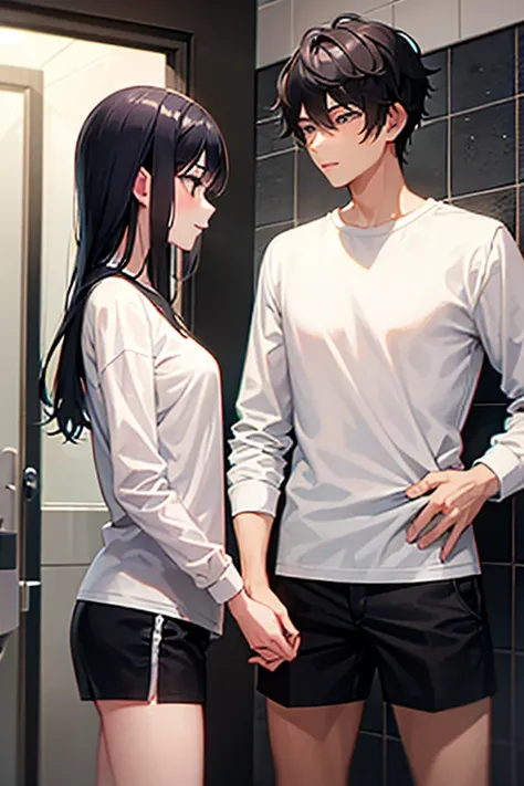 boy and girl couple in a shower room, wearing a white long sleeve shirt and black shorts,