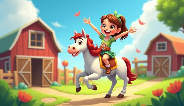 a cute girl points towards horse on farm for kids cartoon