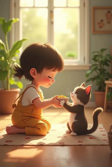 Little kid give food to cat
