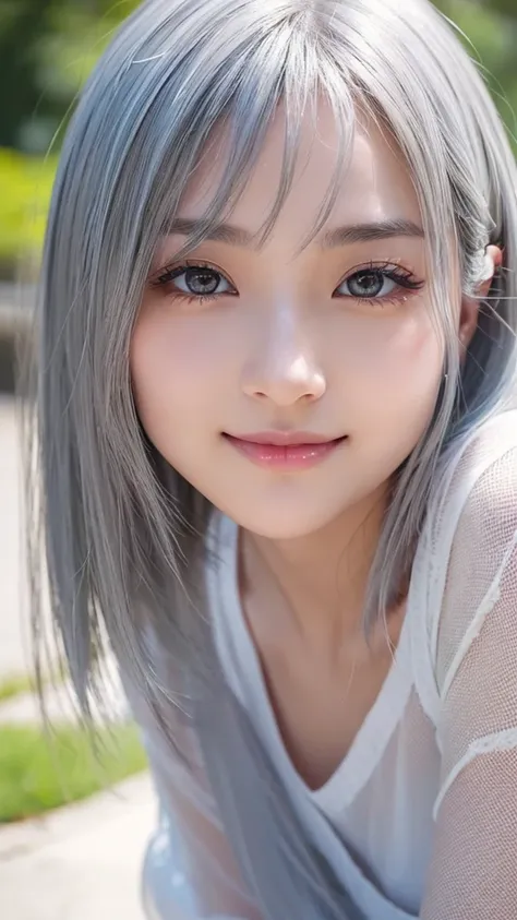 Japanese、Gray Hair、Mesh Hair、White skin、Transparency、beautiful girl、bridge of the nose、Thin lips、Short Hair、stare、Seductive pose、Captivating Gaze、Steady gaze、Eyes sparkling、The face is beautiful、The sparkle in the pupils、Shine reflected in the pupil、gaseou...