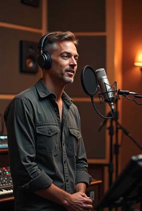 A MAN IN STUDIO WITH MIC RECORDING SONG