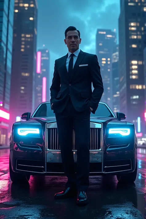 Create a high-definition, surreal image of a confident businessman standing next to a sleek, glossy black Rolls Royce. The businessman is wearing a tailored suit with sharp lines, exuding power and elegance. The background is a futuristic cityscape with to...