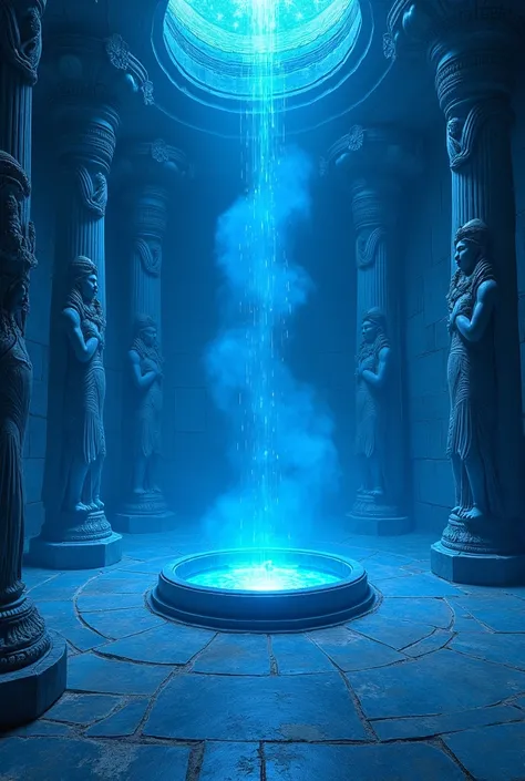 A well of resurrection inside a sapphire-blue temple with statues of gods 