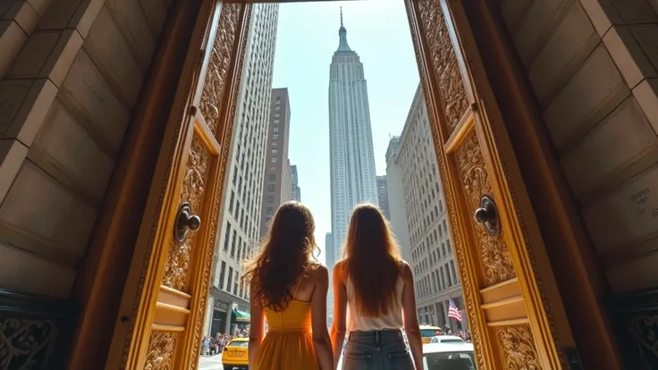 Two female friends standing at the entrance of the Empire State Building