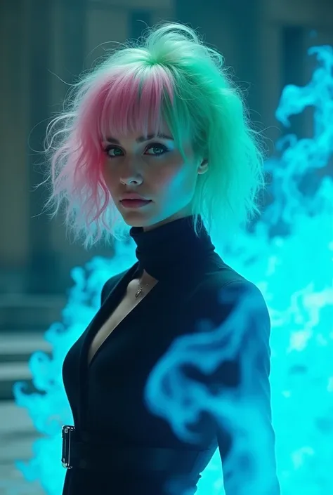 one , with green and pink hair, with a black outfit and a blue fire in his hand, on video
