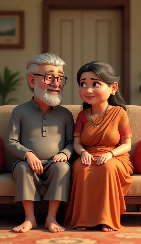 A old man woman sitting talking to each other on sofa in the house 3D animation, wear attractive clothes grey dhoti kurta in saree, smiling good figure,big cheeks, curvy, hourglass figure, swooping breasts, deep cleavage, open arms, sexy armpits,big penis,...