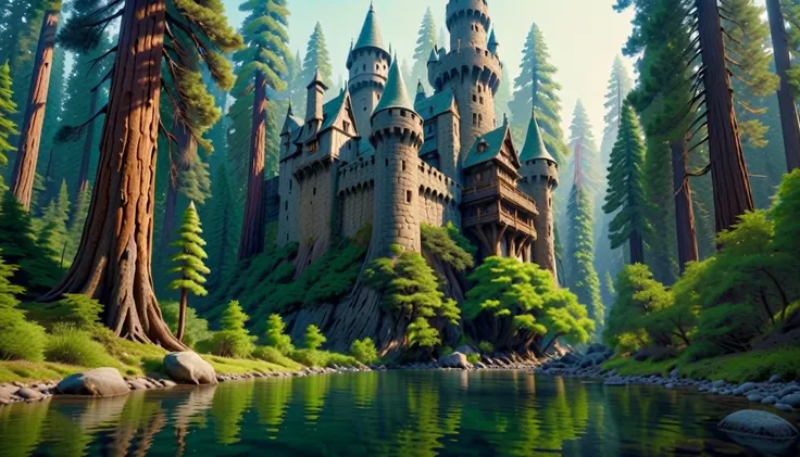 Tall stone castle deep in a sequoia forest. River running through. 4k. Hyperrealistic. Photorealistic. Extreme resolution. Depth of field. — 16:9 — c 300 --stylize 750