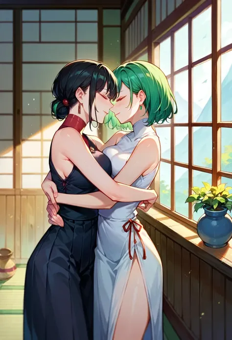 Ai, a short, black-haired Japanese teenage girl ,A tall cyborg woman with green hair and a robotic neck hugging her,(There must be two people in the image),Inside a Japanese style house,hug,Two women,Keychaina