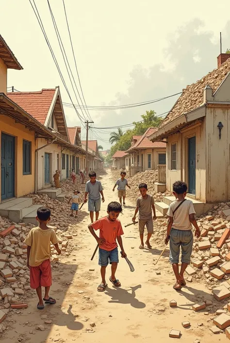 people helping each other in rebuilding many house that got destroy  drawing 