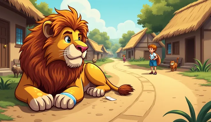 Animal lion injuries on the Rod Sid in village cartoon style 