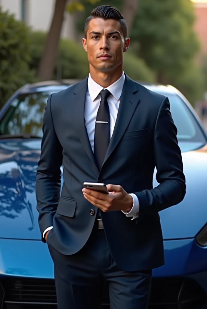 Cristiano ronaldo wearing a suit and holding a phone on his hand with the blue colour car