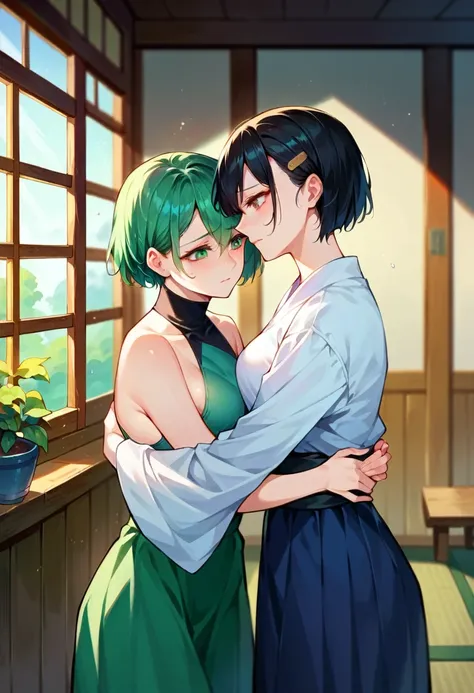 Ai, a short, black-haired Japanese teenage girl ,A tall cyborg woman with green hair and a robotic neck hugging her,(There must be two people in the image),Inside a Japanese style house,hug,Two women,Keychaina,shy