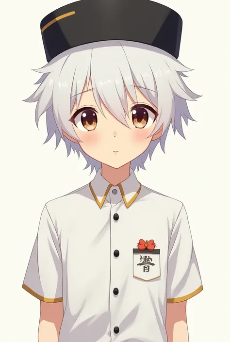 1 boy, black hat, white hair, anime style waiter shirt, I want to see only the body.