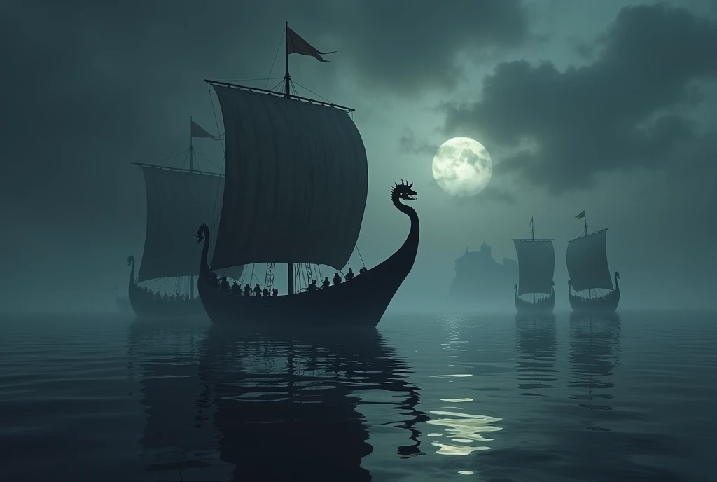 Four Viking ships, in the style of traditional drakkars, sail across a calm, deep black sea. The ships are adorned with ornate dragon head prows, their sails catching the faint wind as they glide silently through the dark water. In the distance, a barely v...