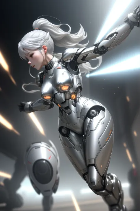 A dynamic female robot、Metallic body、Running and moving at high speed、Rear view、Silvery protuberances on the back、Long legs