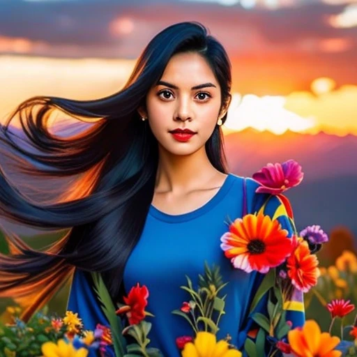 “A young Asian woman with a round face,Actions with different poses,Ponytail,Black hair, extra long hair, 2 meters,My hair blows in the wind,Standing amidst the natural scenery, there are colorful flowers of red, yellow, green, purple, and white.,And the b...