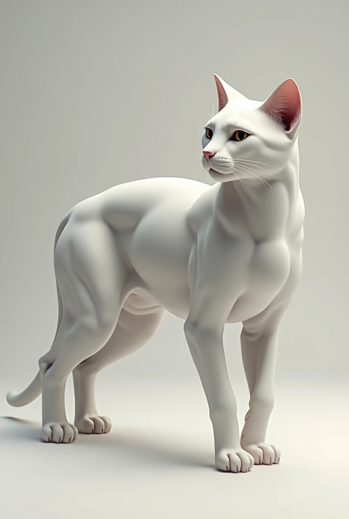 "A highly detailed 3D rendering of a cats full body. The cat has a sleek, smooth fur coat, with realistic texture and shading. The muscles and limbs are anatomically accurate, with well-defined paws and a long, expressive tail. The cat is posed in a mid-st...