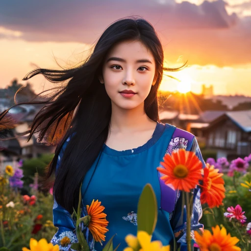 “A young Asian woman with a round face,Actions with different poses,Ponytail,Black hair, extra long hair, 2 meters,My hair blows in the wind,Standing amidst the natural scenery, there are colorful flowers of red, yellow, green, purple, and white.,And the b...